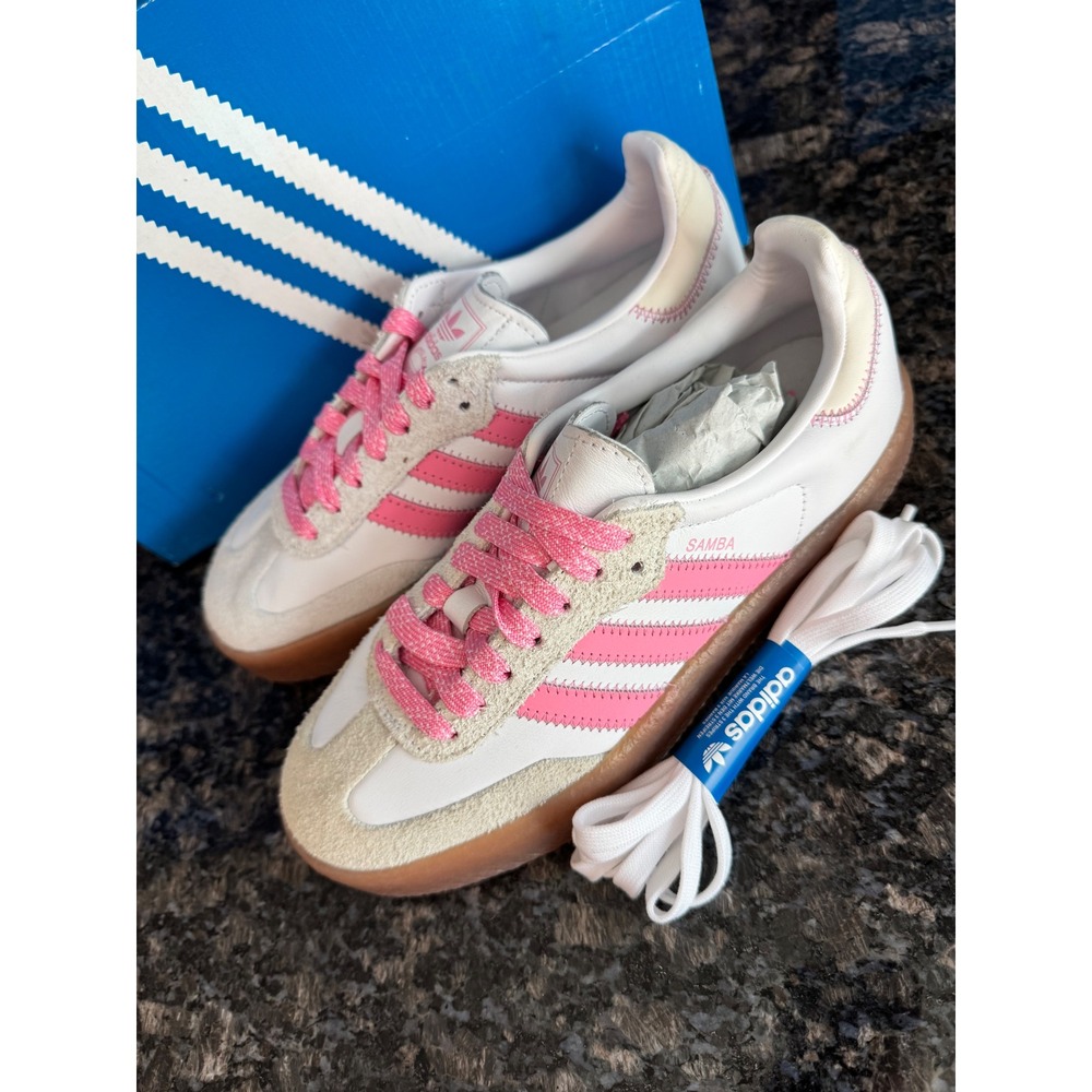 Adidas Sambae W White Pink Platform Gum Sole Sneakers IE9109 Womens 7.5 - Picture 2 of 7